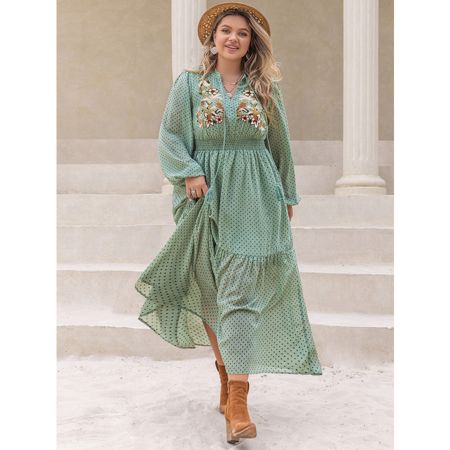 Plus Size Tassel Printed Tie Neck Long Sleeve Midi Dress Apparel and Accessories