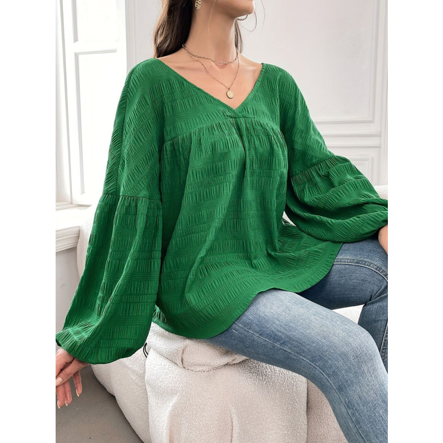 Plus Size Texture V-Neck Long Sleeve Top Apparel and Accessories