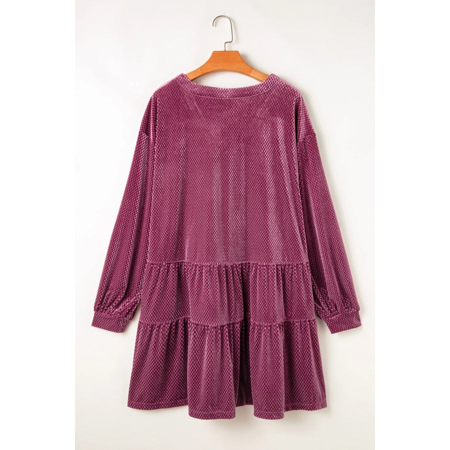 Plus Size Textured Velvet Decorative Button Long Sleeve Dress Apparel and Accessories