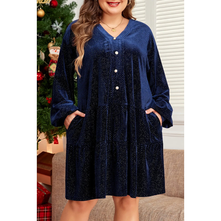 Plus Size Textured Velvet Decorative Button Long Sleeve Dress Dark Navy / 1XL Apparel and Accessories