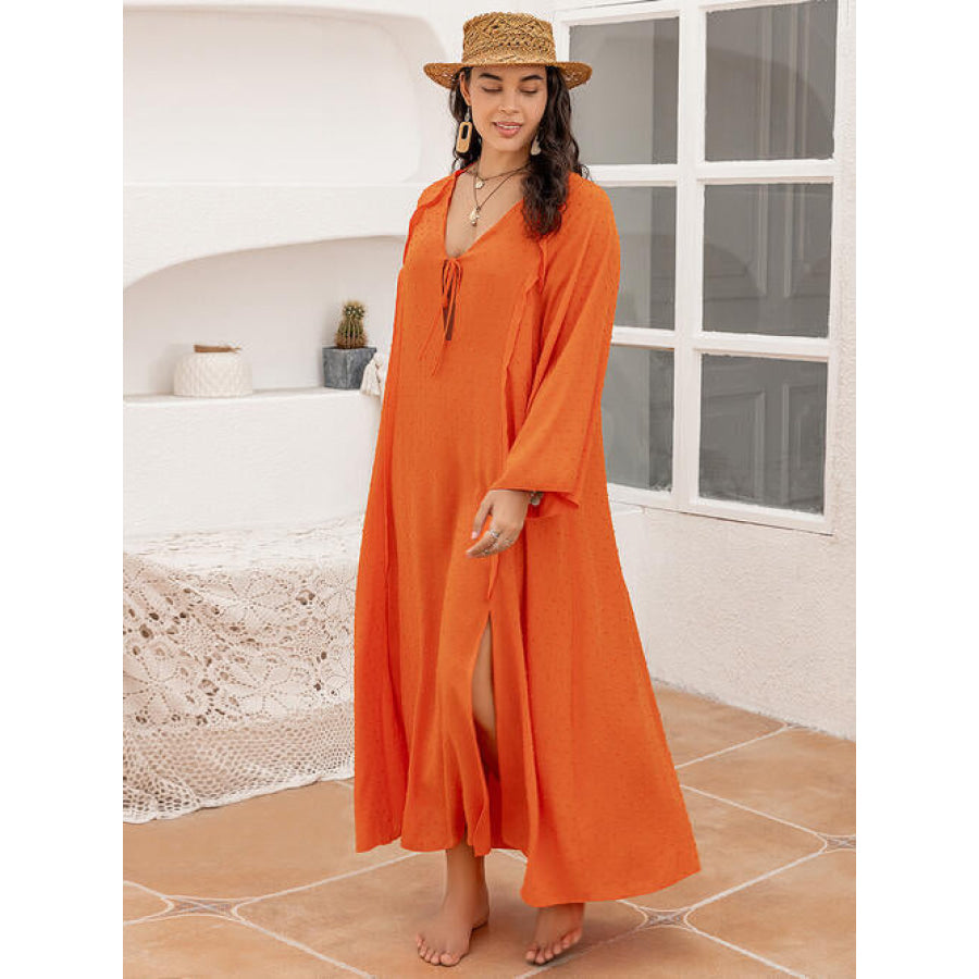 Plus Size Tie Neck Long Sleeve Slit Dress Clothing