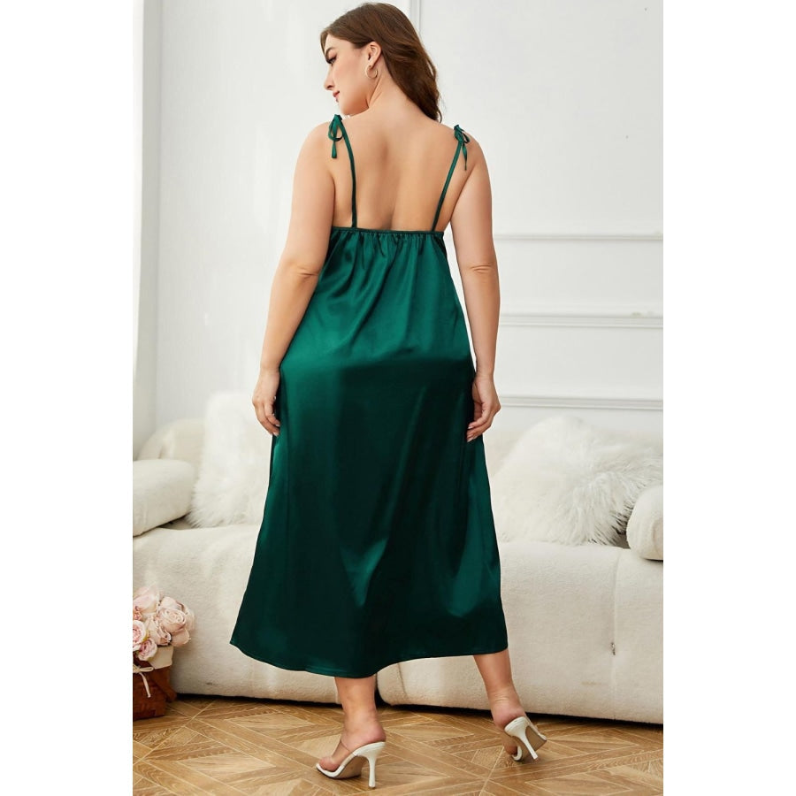 Plus Size Tie-Shoulder Midi Night Dress Green / 1XL
