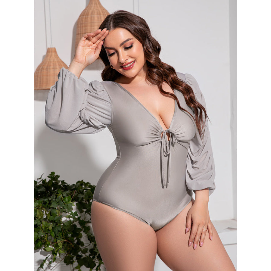 Plus Size Tied Deep V Balloon Sleeve One-Piece Swimsuit