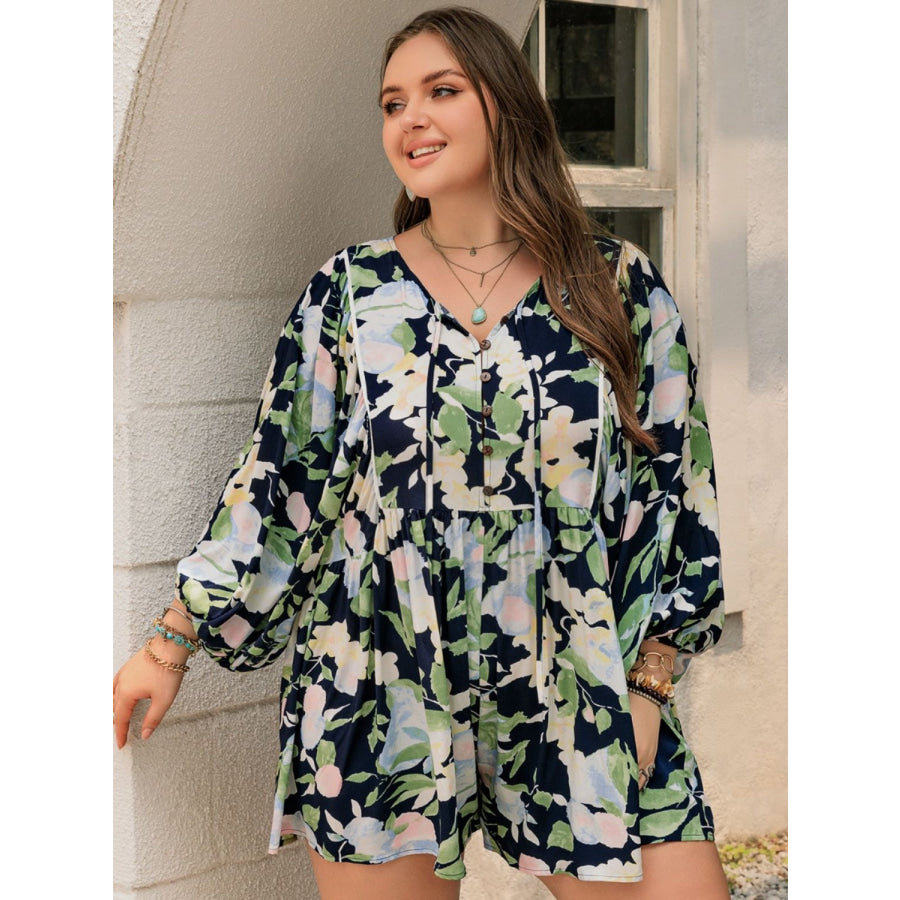 Plus Size Tied Printed Long Sleeve Romper Apparel and Accessories