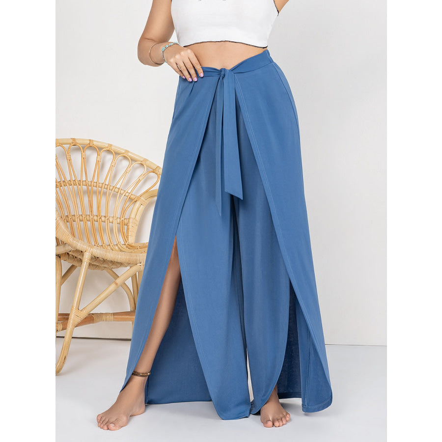Plus Size Tied Slit Wide Leg Pants Apparel and Accessories