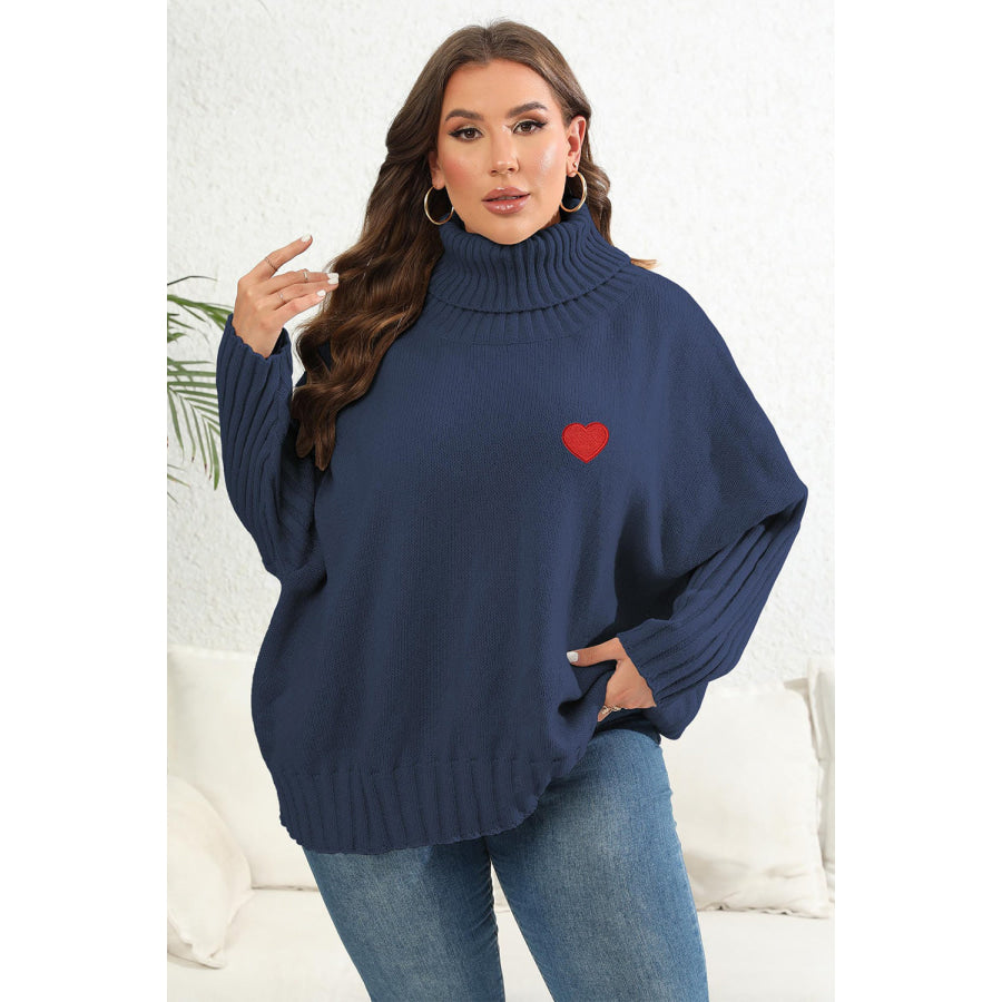 Plus Size Turtle Neck Long Sleeve Sweater Navy / 0XL