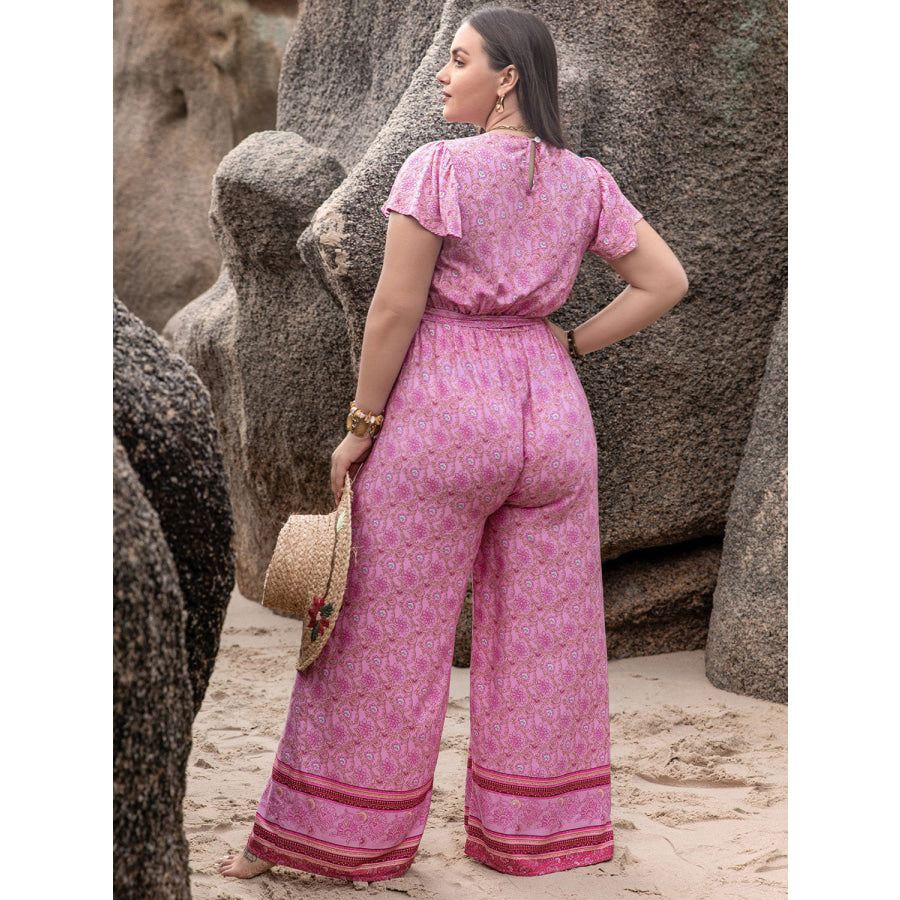 Plus Size V-Neck Cap Sleeve Wide Leg Jumpsuit Heliotrope Purple / 0XL Jumpsuits and Rompers