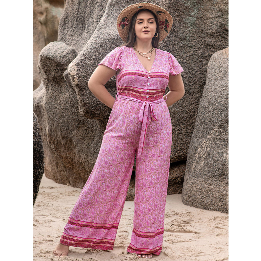 Plus Size V-Neck Cap Sleeve Wide Leg Jumpsuit Jumpsuits and Rompers