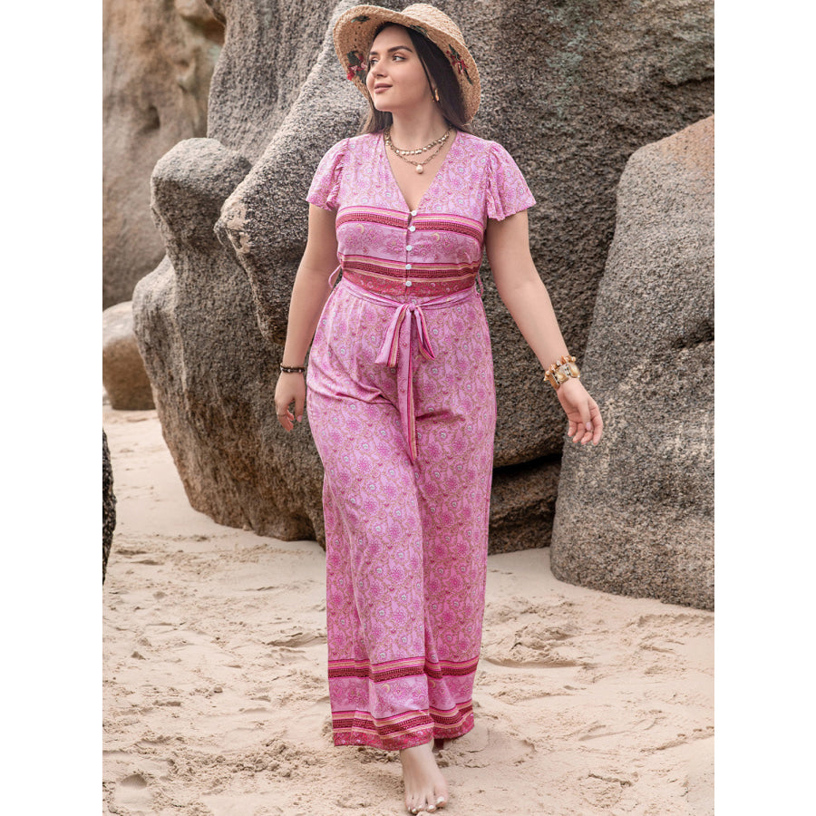 Plus Size V-Neck Cap Sleeve Wide Leg Jumpsuit Jumpsuits and Rompers