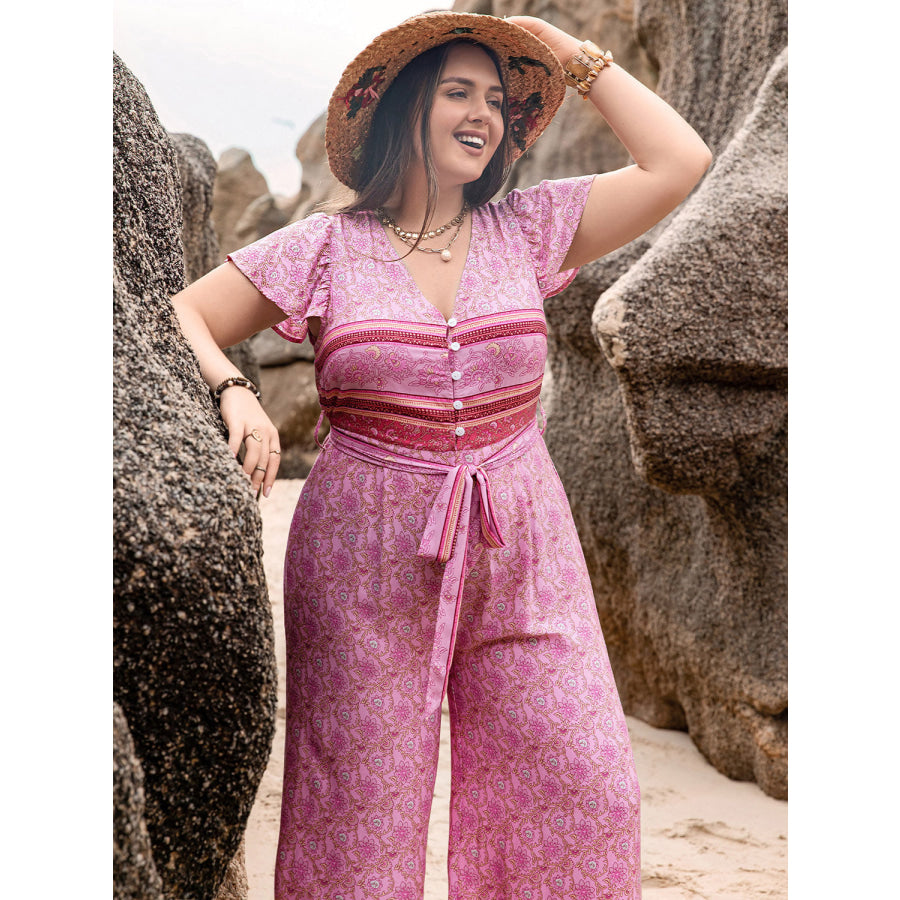 Plus Size V-Neck Cap Sleeve Wide Leg Jumpsuit Jumpsuits and Rompers