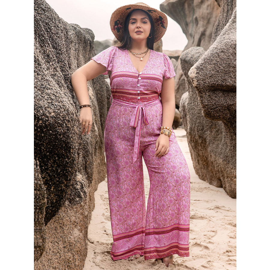 Plus Size V-Neck Cap Sleeve Wide Leg Jumpsuit Jumpsuits and Rompers