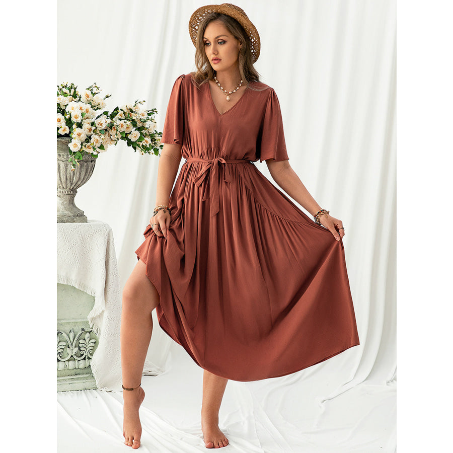 Plus Size V-Neck Flutter Sleeve Midi Dress Apparel and Accessories