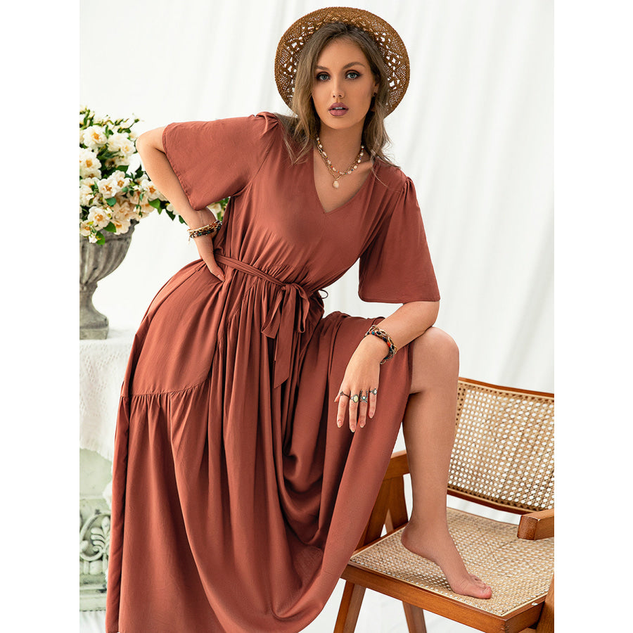 Plus Size V-Neck Flutter Sleeve Midi Dress Apparel and Accessories
