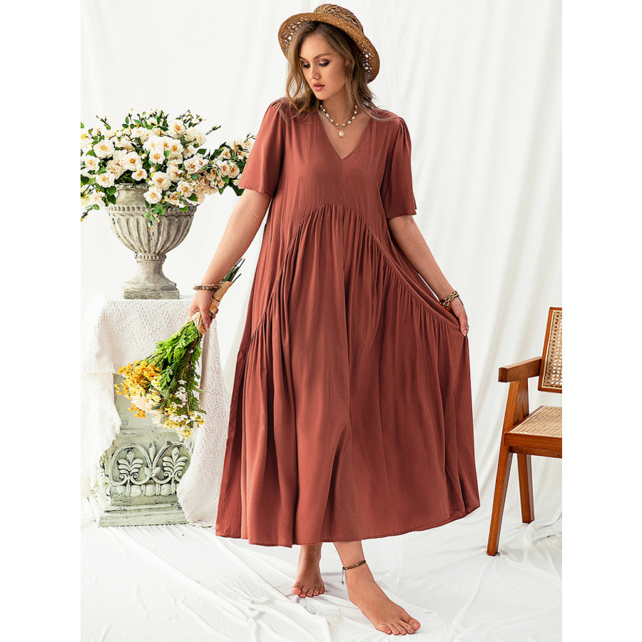 Plus Size V-Neck Flutter Sleeve Midi Dress Apparel and Accessories