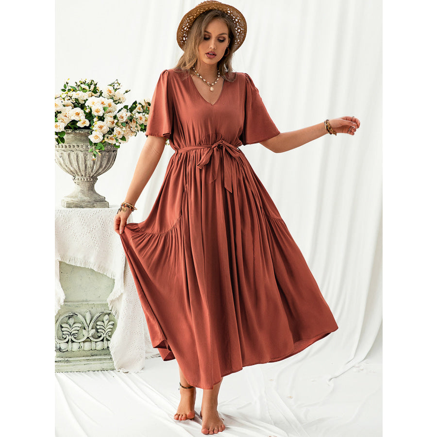 Plus Size V-Neck Flutter Sleeve Midi Dress Rust / 0XL Apparel and Accessories