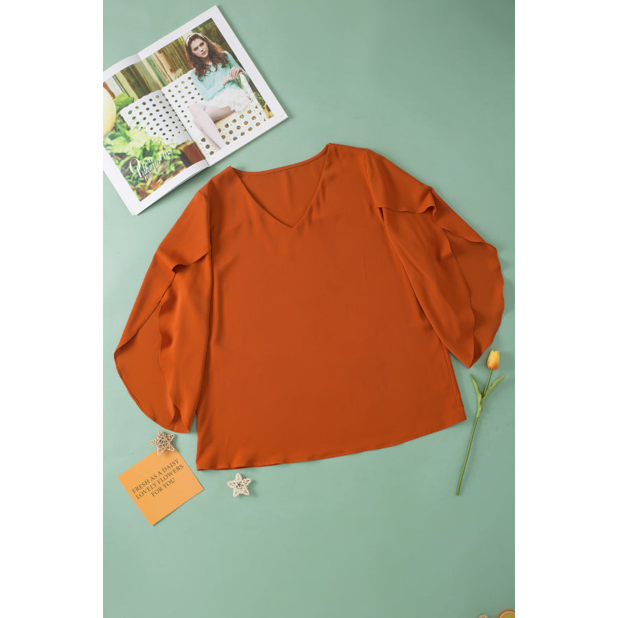 Plus Size V-Neck Petal Sleeve Blouse Caramel / 1X Apparel and Accessories