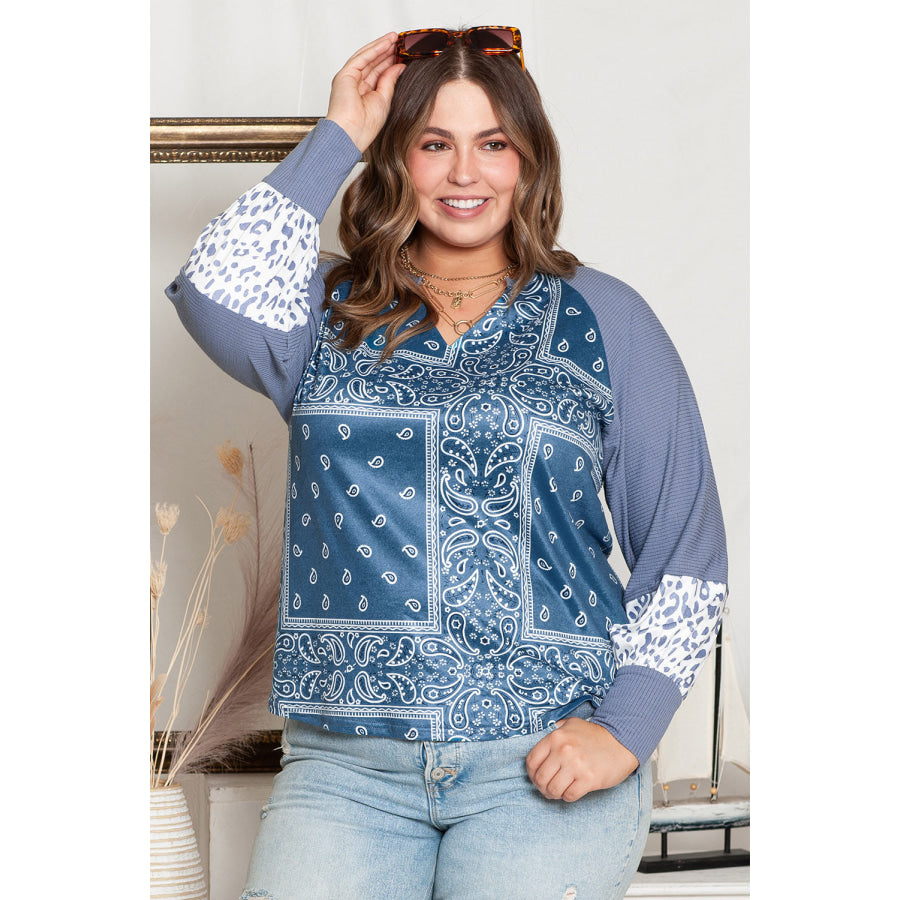 Plus Size V-Neck Printed Raglan Sleeve Blouse Dusty Blue / 1X