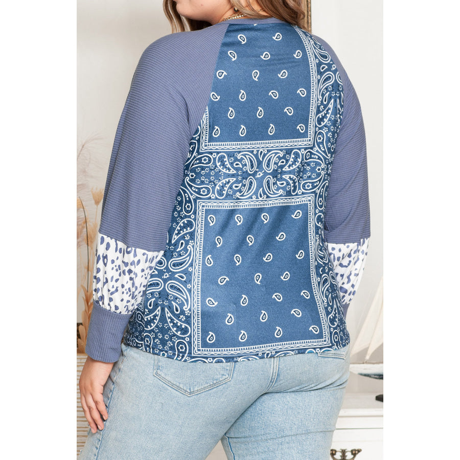 Plus Size V-Neck Printed Raglan Sleeve Blouse Dusty Blue / 1X