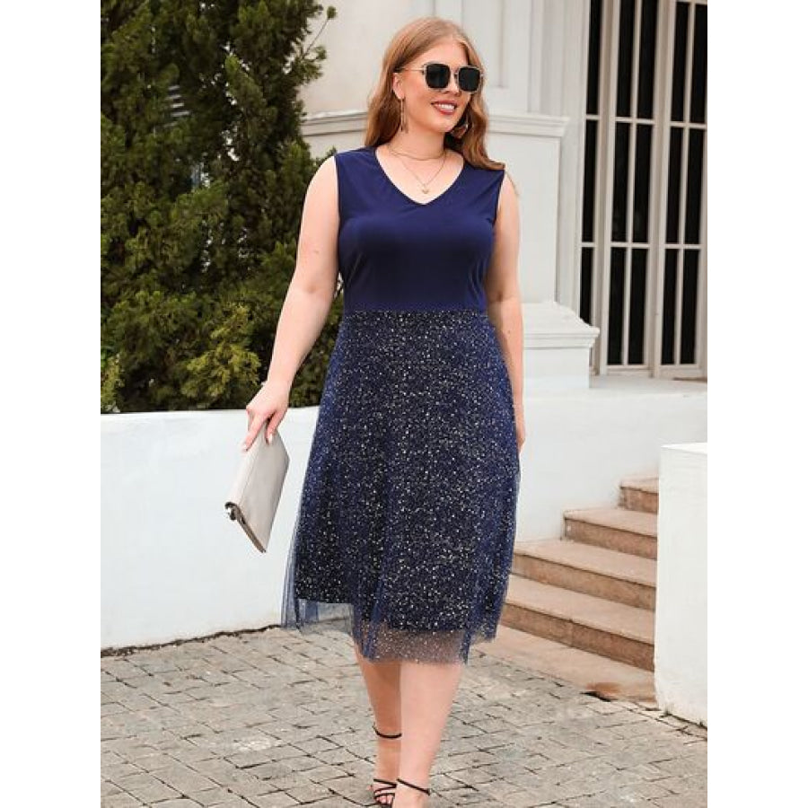 Plus Size V - Neck Sleeveless Midi Dress Apparel and Accessories
