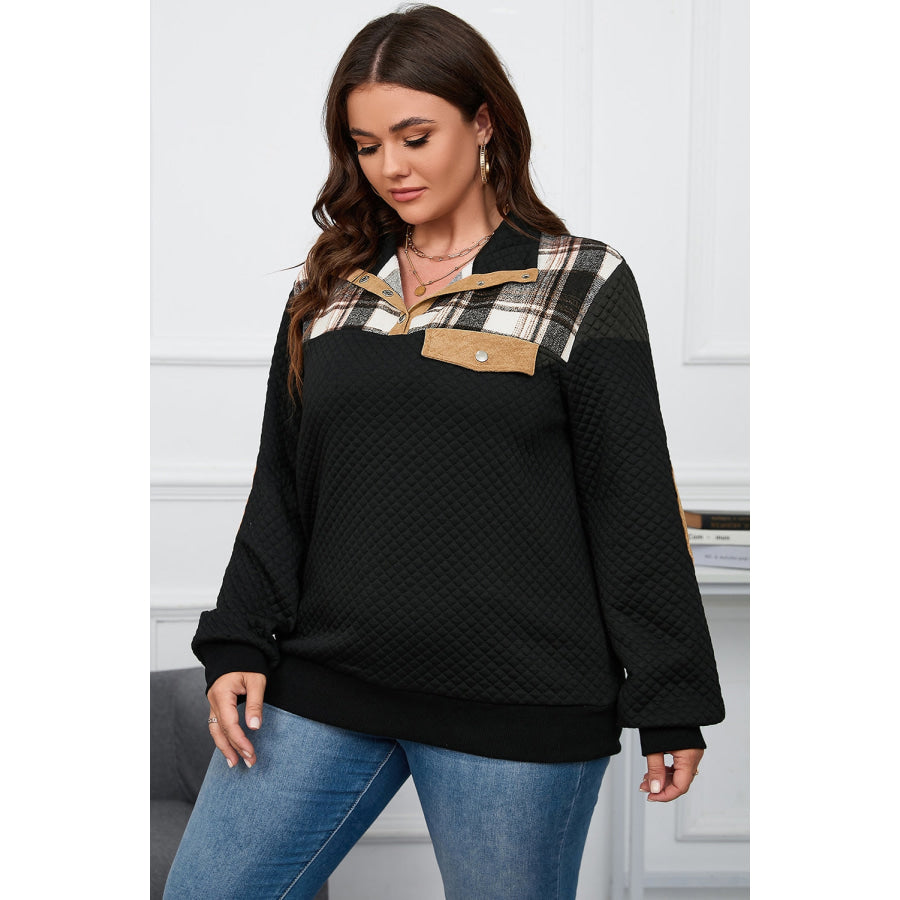 Plus Size Waffle-Knit Collared Neck Sweatshirt Black / 1XL Apparel and Accessories