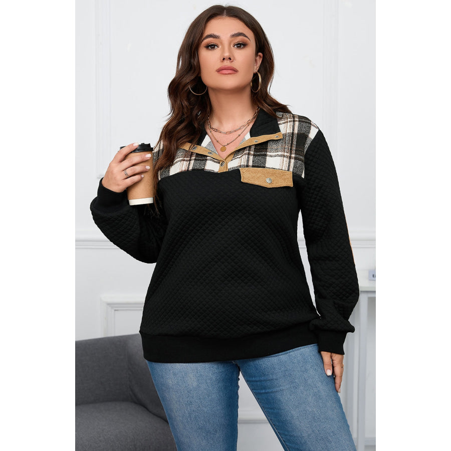 Plus Size Waffle-Knit Collared Neck Sweatshirt Apparel and Accessories