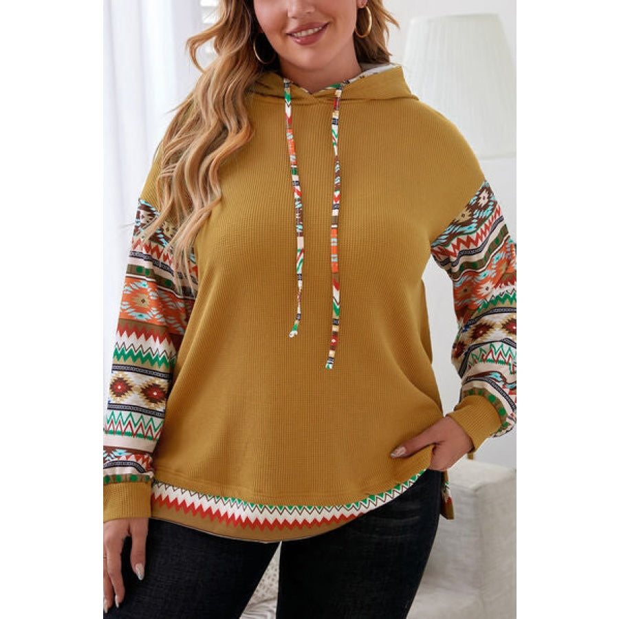 Plus Size Waffle-Knit Geometric Dropped Shoulder Hoodie Honey / 1XL Apparel and Accessories