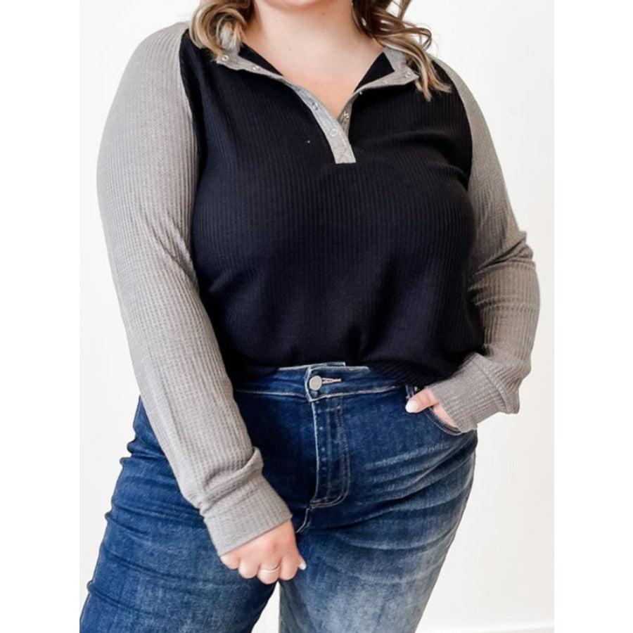 Plus Size Waffle-Knit Half Snap Long Sleeve Shirt Black / 1X Apparel and Accessories