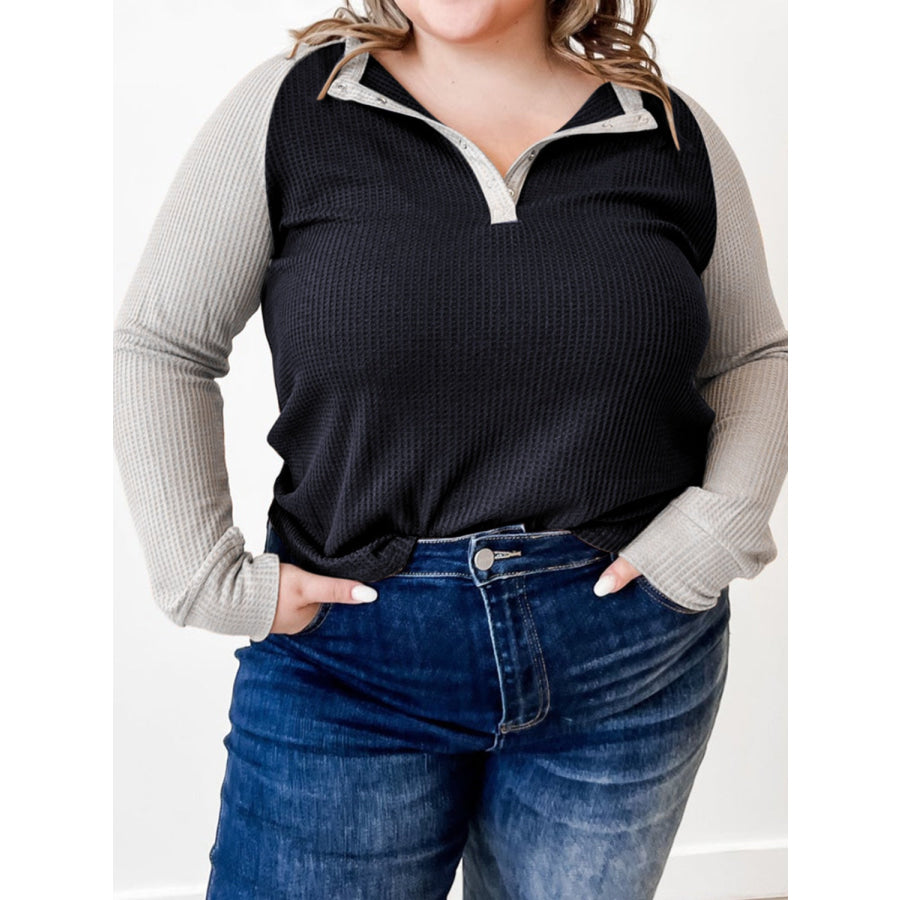 Plus Size Waffle-Knit Half Snap Long Sleeve Shirt Black / 1X Apparel and Accessories
