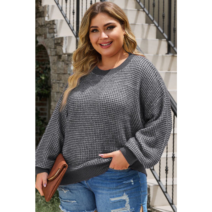 Plus Size Waffle - Knit Round Neck Dropped Shoulder Sweater Apparel and Accessories