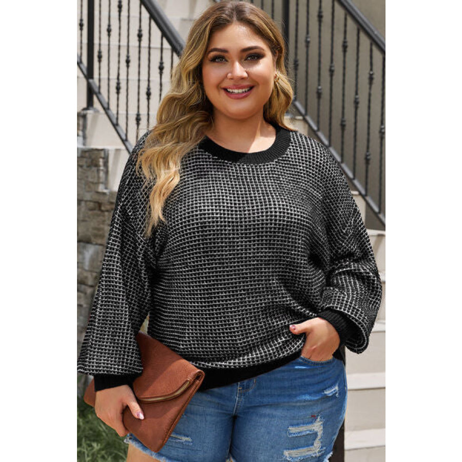 Plus Size Waffle - Knit Round Neck Dropped Shoulder Sweater Apparel and Accessories