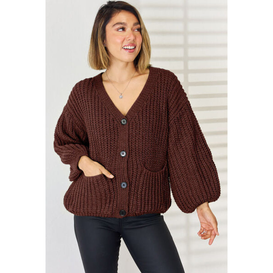 Pocketed Button Up Dropped Shoulder Cardigan Chocolate / S Apparel and Accessories