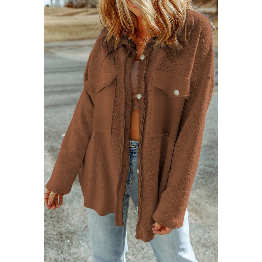 Pocketed Button Up Droppped Shoulder Jacket Chestnut / S Apparel and Accessories