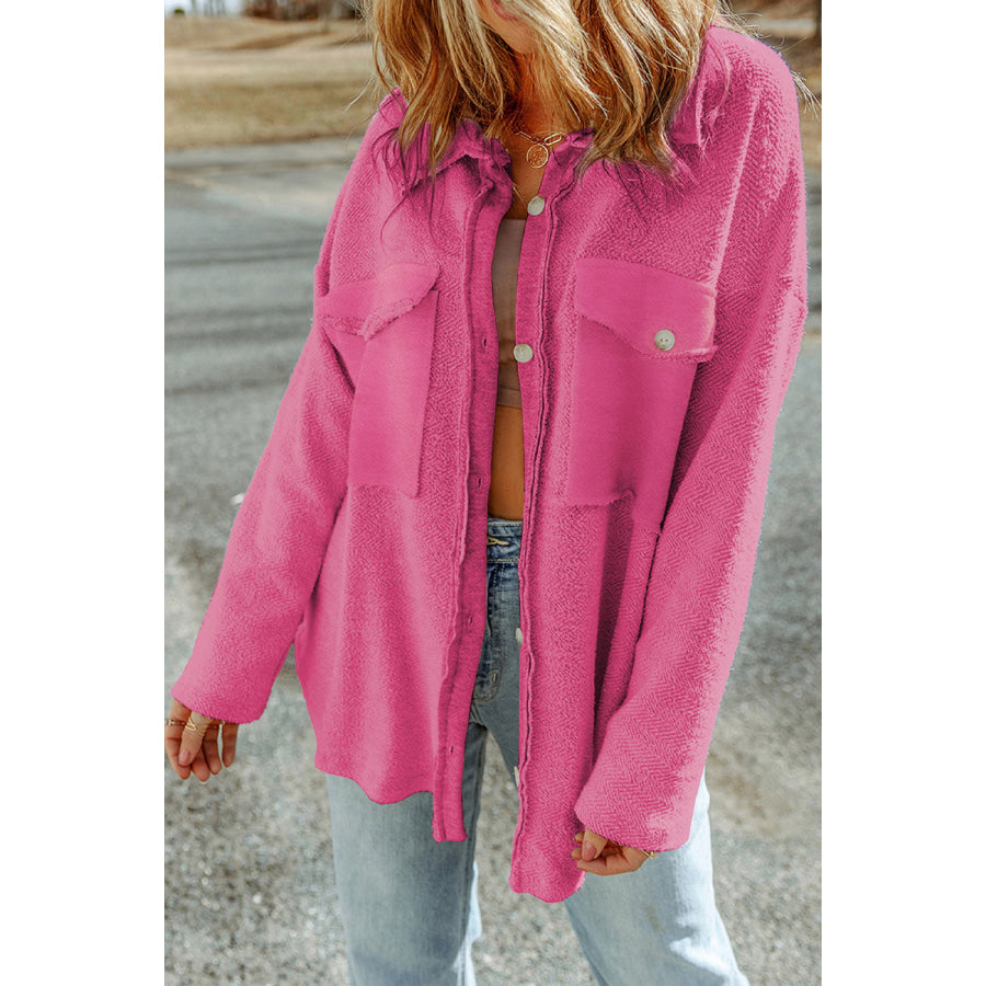Pocketed Button Up Droppped Shoulder Jacket Apparel and Accessories
