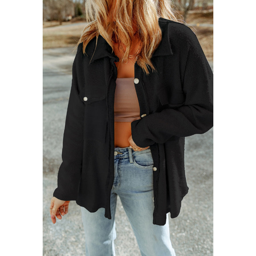 Pocketed Button Up Droppped Shoulder Jacket Black / S Apparel and Accessories