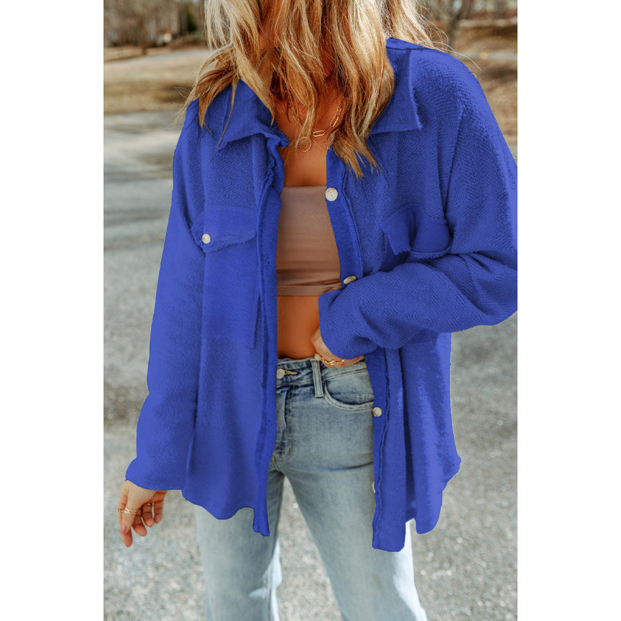Pocketed Button Up Droppped Shoulder Jacket Royal Blue / S Apparel and Accessories