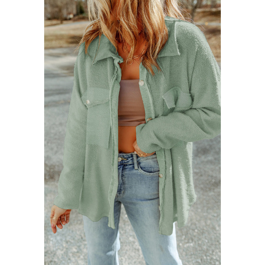 Pocketed Button Up Droppped Shoulder Jacket Sage / S Apparel and Accessories