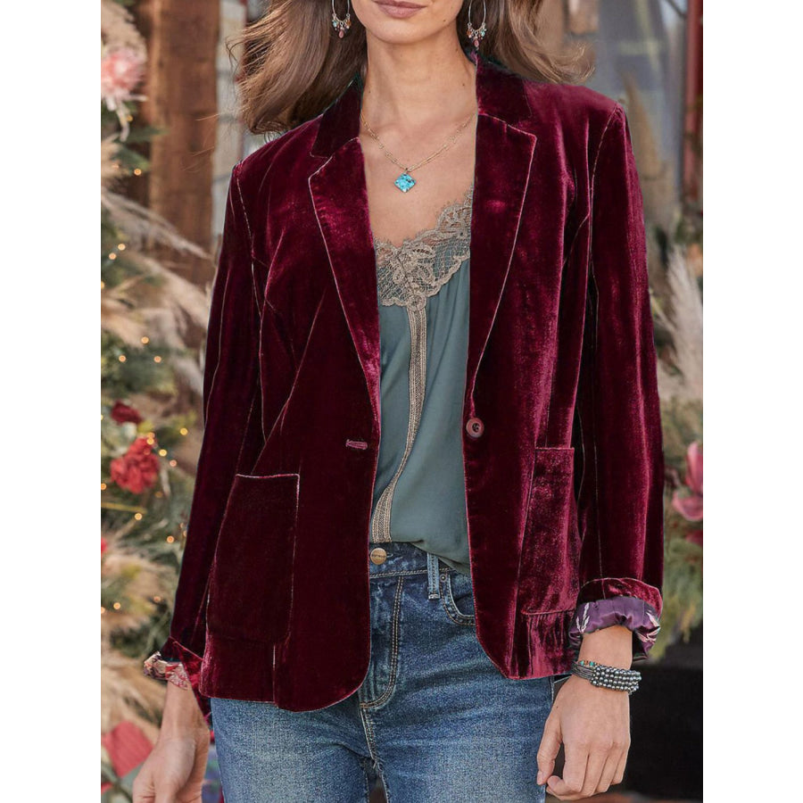 Pocketed Button Up Lapel Collar Blazer Burgundy / S Apparel and Accessories
