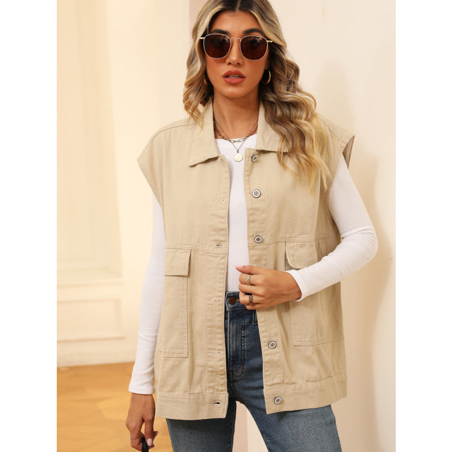 Pocketed Button Up Sleeveless Denim Jacket Apparel and Accessories