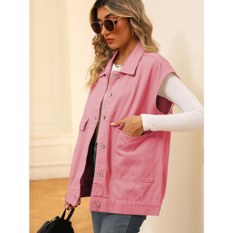 Pocketed Button Up Sleeveless Denim Jacket Apparel and Accessories