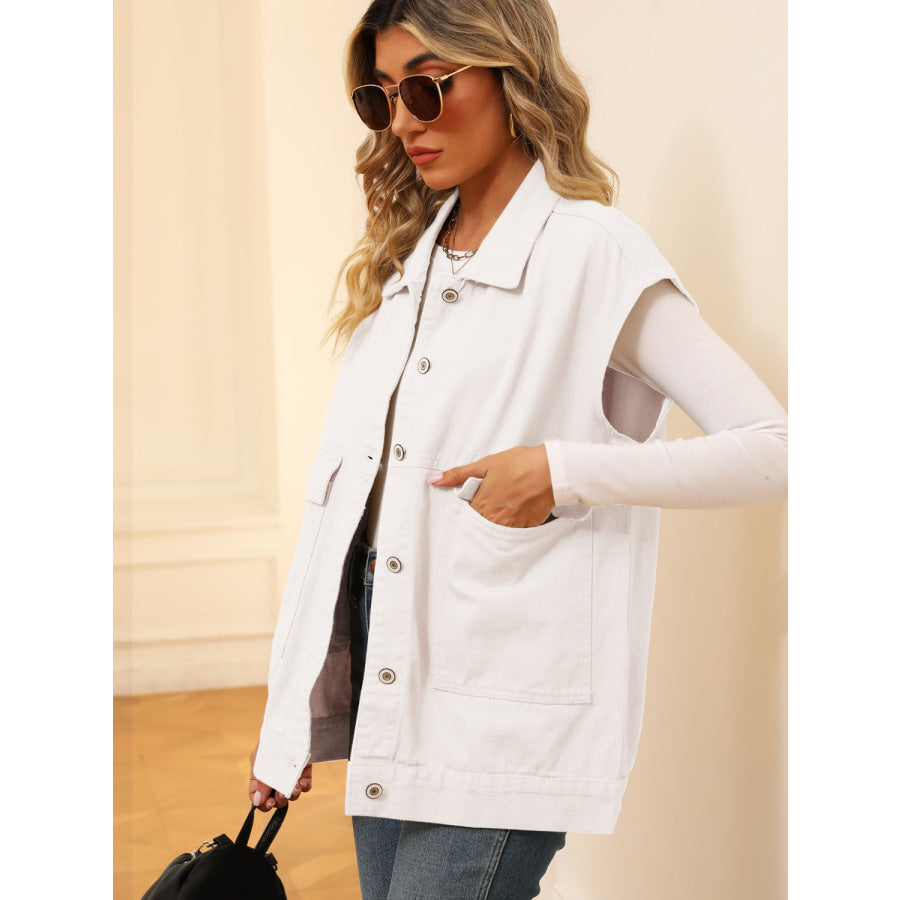 Pocketed Button Up Sleeveless Denim Jacket Apparel and Accessories