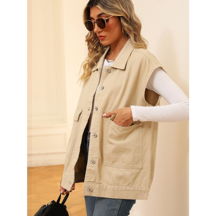 Pocketed Button Up Sleeveless Denim Jacket Tan / XS Apparel and Accessories