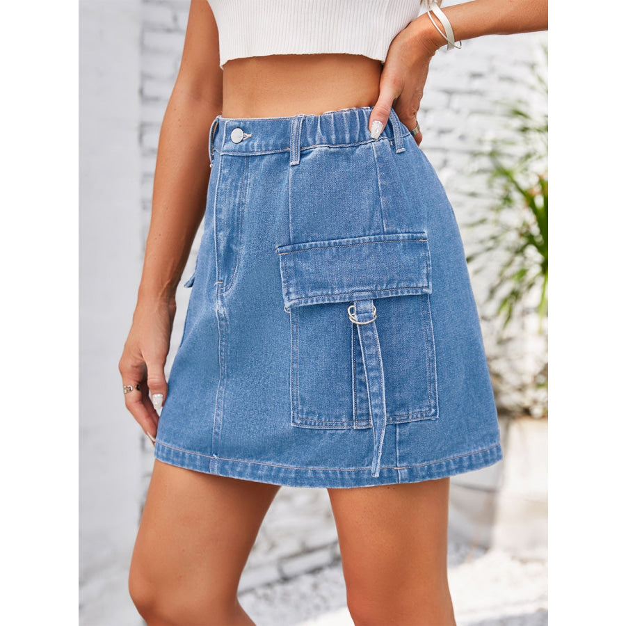 Pocketed Buttoned Denim Skirt Apparel and Accessories