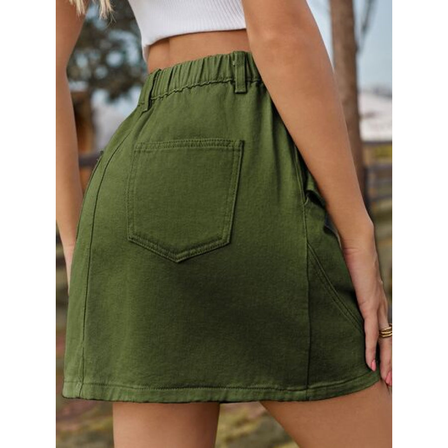 Pocketed Buttoned Mini Denim Skirt Apparel and Accessories