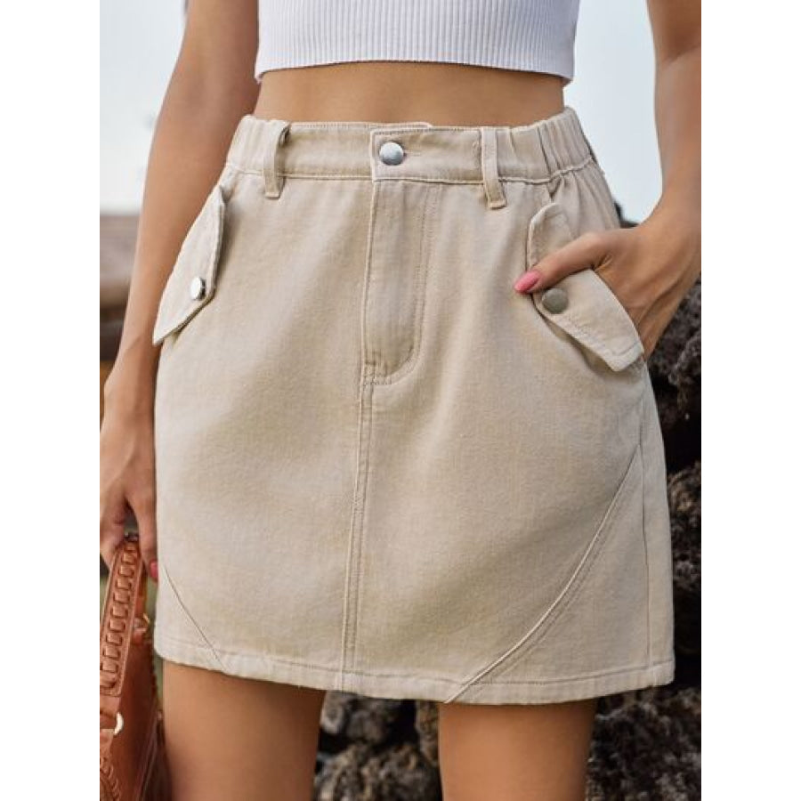 Pocketed Buttoned Mini Denim Skirt Apparel and Accessories