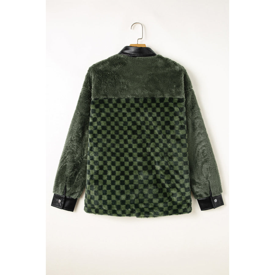 Pocketed Checkered Collared Neck Snap Down Jacket Apparel and Accessories