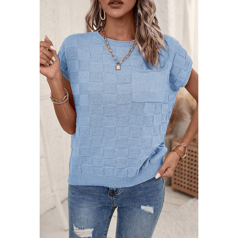 Pocketed Checkered Round Neck Knit Top Misty Blue / S Apparel and Accessories