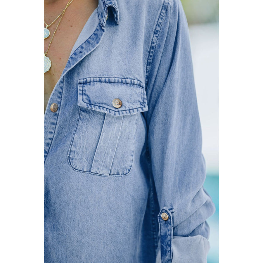 Pocketed Collared Neck Long Sleeve Denim Top Apparel and Accessories