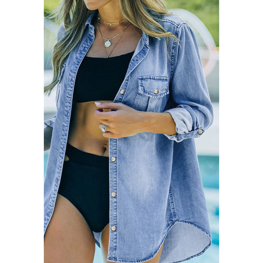 Pocketed Collared Neck Long Sleeve Denim Top Apparel and Accessories