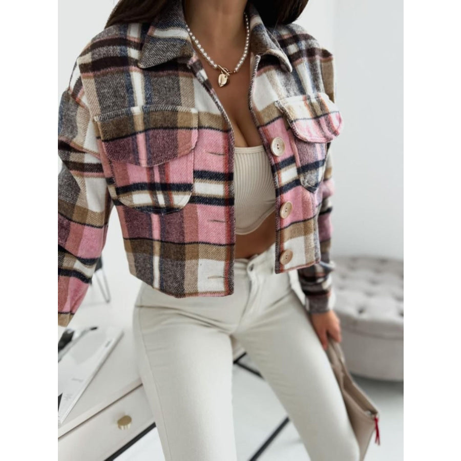 Pocketed Collared Neck Long Sleeve Plaid Jacket Apparel and Accessories