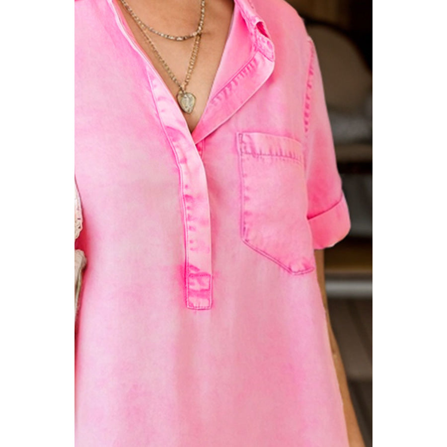 Pocketed Collared Neck Short Sleeve Denim Dress Apparel and Accessories